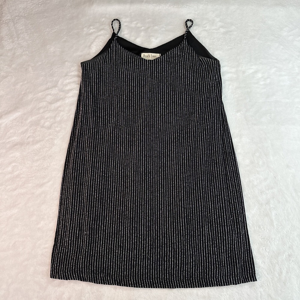 Peach Love California Black With Silver Metallic Pinstripes Lined Dress Small